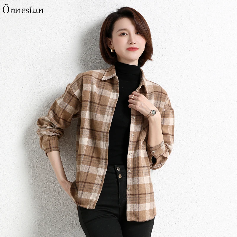

Woolen Women's Shirt 2021 New Spring Autumn Top Female Vintage Women's Clothing Fashion Plaid Long Sleeve Women Blouses