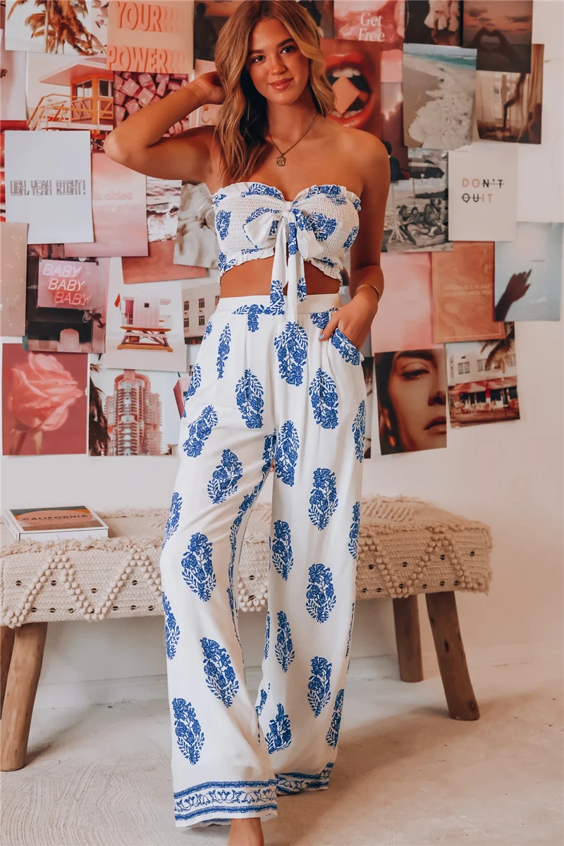 

Summer 2 Pieces Suit Set Female Floral Print Sleeveless Strapless Tight Tie Bowknot Crop Tops Long Loose Pants