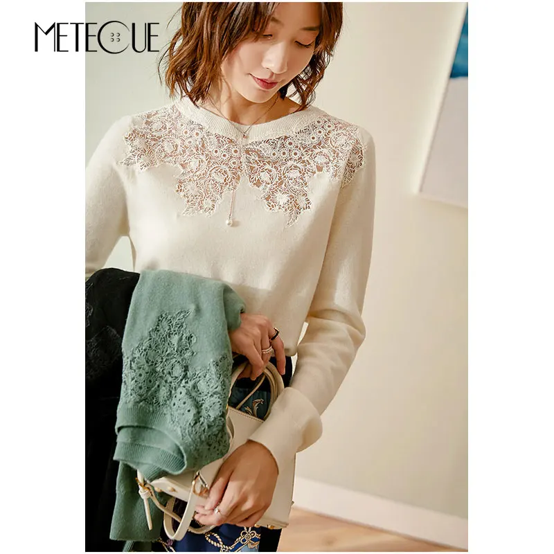 Женские свитера из шерсти и кашемира с кружевной заплаткой 2019 Осень зима Модный