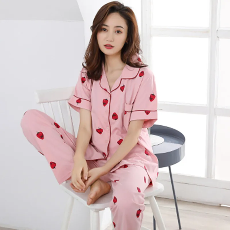 

summer large big M-3XL 4XL sleepwear women's 100% cotton short sleeve length pants thin plus size lounge Pajama Sets for 100kg