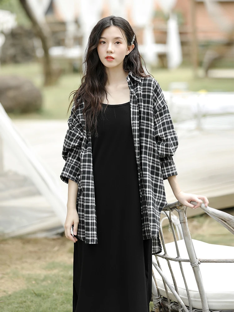 

New Female Black Shirt A-line Skirt Dress Suspender Two-piece French Suit Crew Neck High Waist Longuette Single Breasted