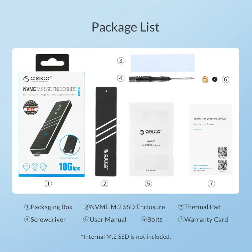 Чехол ORICO 10 Гбит/с M2 NVMe SSD с выдвижным интерфейсом типа C USB3.1 UASP M.2 USB NVME корпус