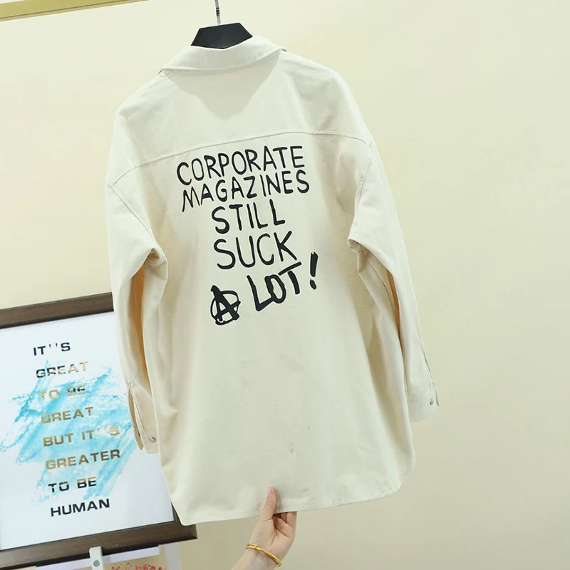 

Women's Trench Coat Nice New Korean Rear Letter Printed Shirt Collar Mid Long Denim Outerwear Windbreakers Female Casual Tops