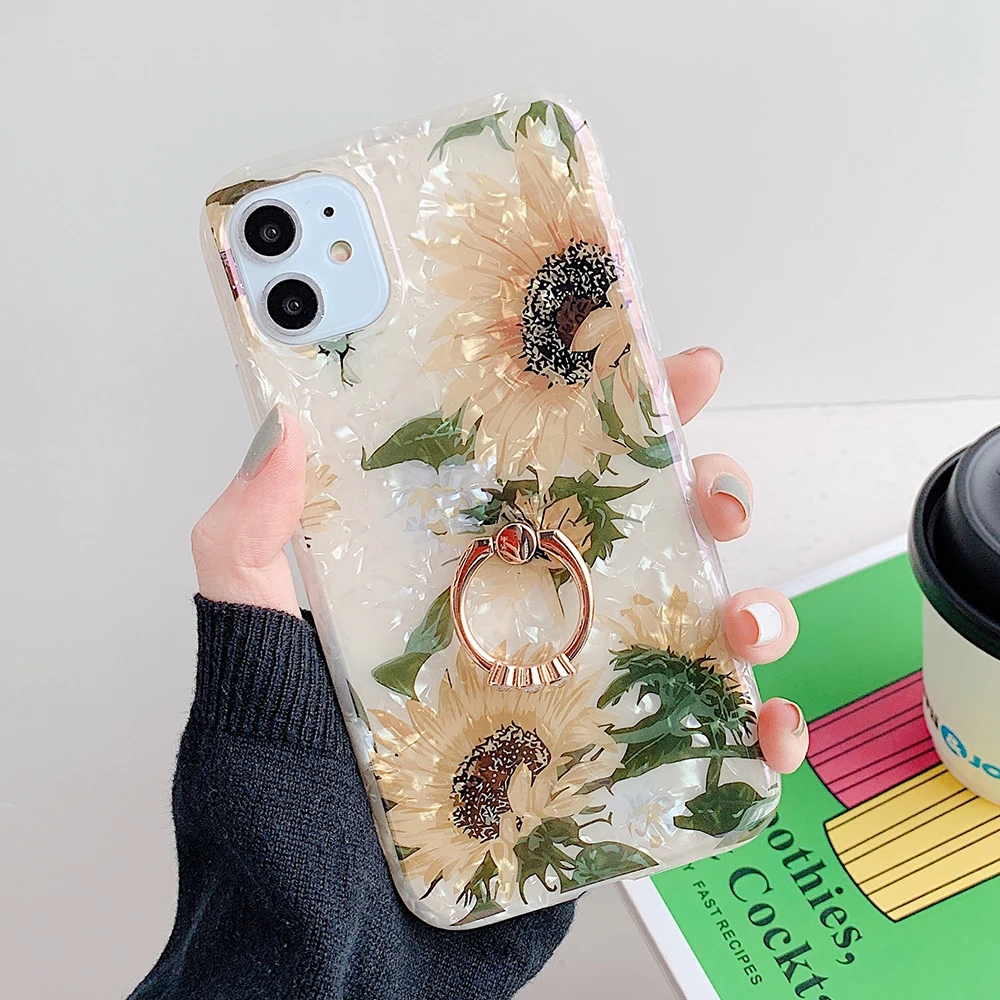 YL WC Sunflower Retro Floral Ring Stand Phone Case For IPhone 12 Mini 11 Pro Max XR XS Max X XS 8 Plus Case Soft IMD Dream