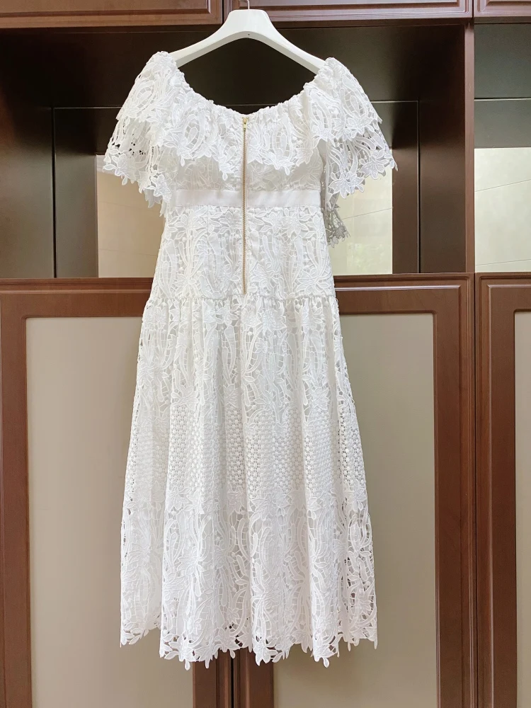 

Elegant Carved Embroidery White Hollow Out Lace Dress 2021 Summer Women's Off Shoulder Strapless Ruffle Vacation Long Dresses