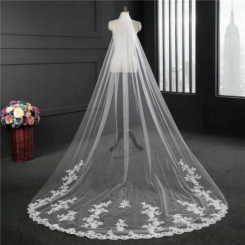 

White Ivory 3M One Layer Lace Applique Long Wedding Veil Bridal Veils with comb