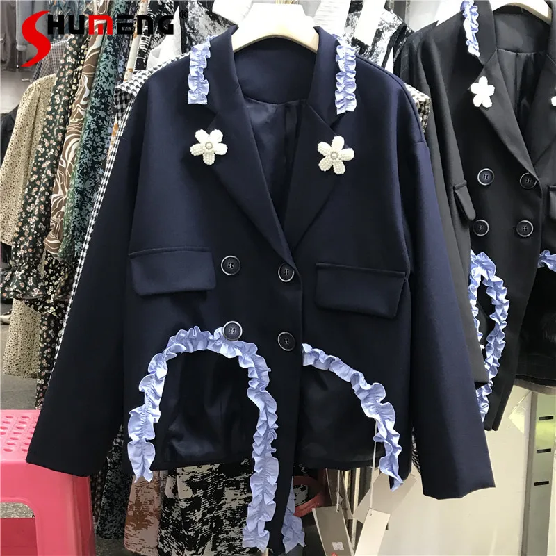 

Женское осеннее пальто с трехмерными цветами, женская одежда на осень 2021, костюм с длинными рукавами и деревянными бусинами