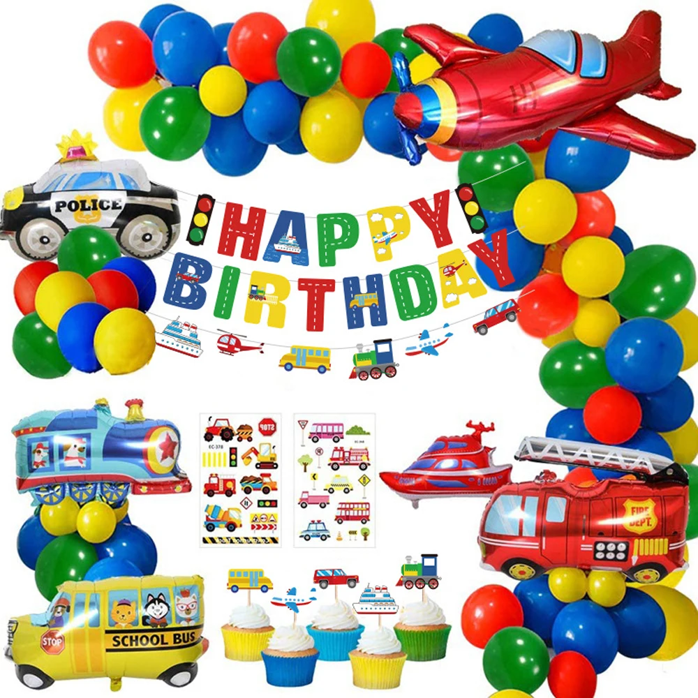 

New Boy Birthday Decoration Car Transport Happy Birthday Banner Yacht Bus Fire Truck Plane Kids Party Transport Foil Balloons