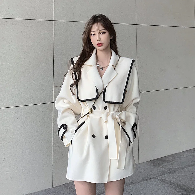 

CMAZ 2021 Autumn Winter Thick Coats for Women Sailor Collar Woolen Coat Women's Mid-Length Loose Autumn and Winter Little Style