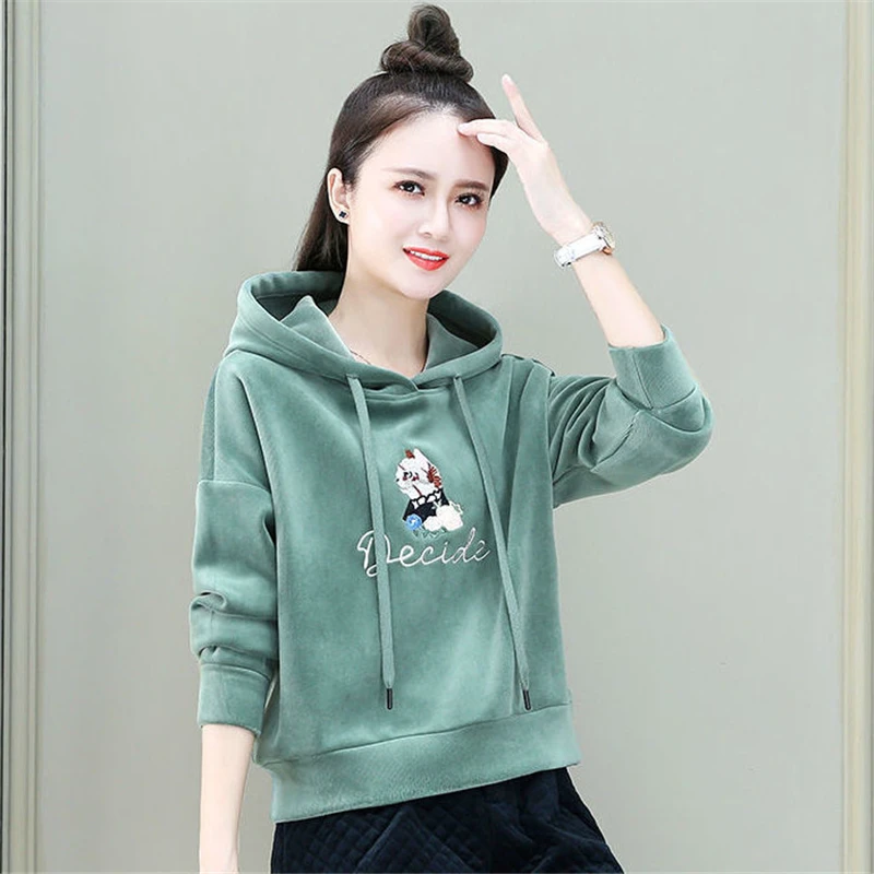 

Autumn Winter Thicken Warm Korean Embroidery Hooded Velvet Short Sweatshirt Women Fashion Casual Loose Long Sleeve Sport Hoodies