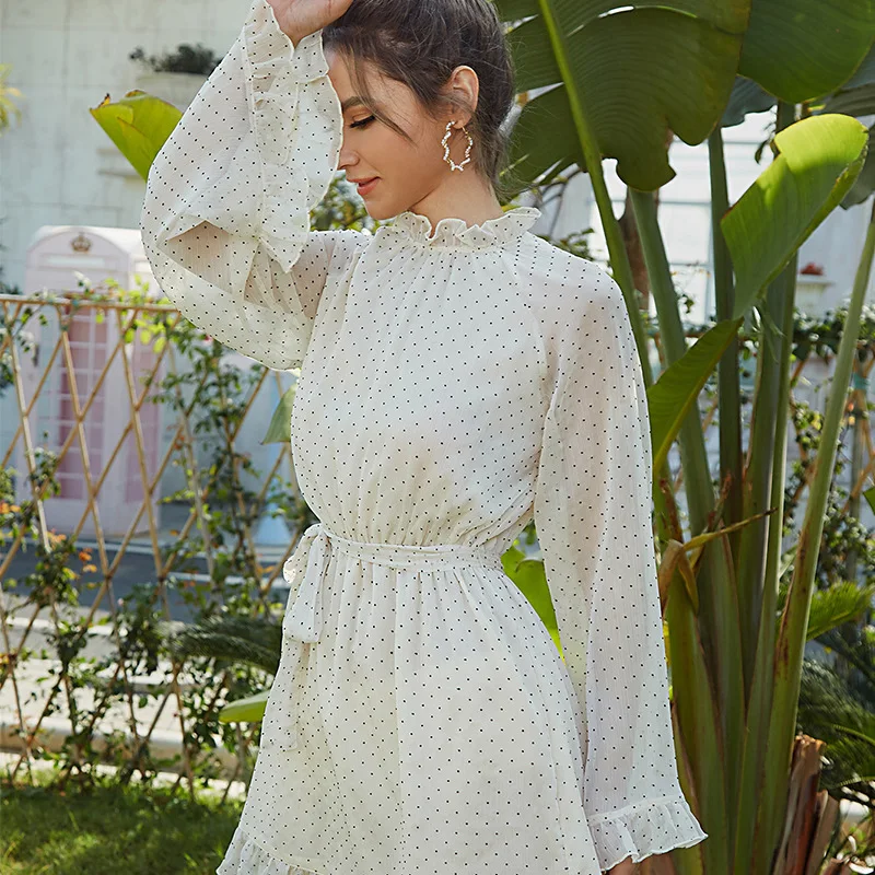 

Summer White Dresses Women Mandarin Collar Long Sleeve Dresses Spring Office Ladies Sexy Dress with Belt Teens Girls Fashion