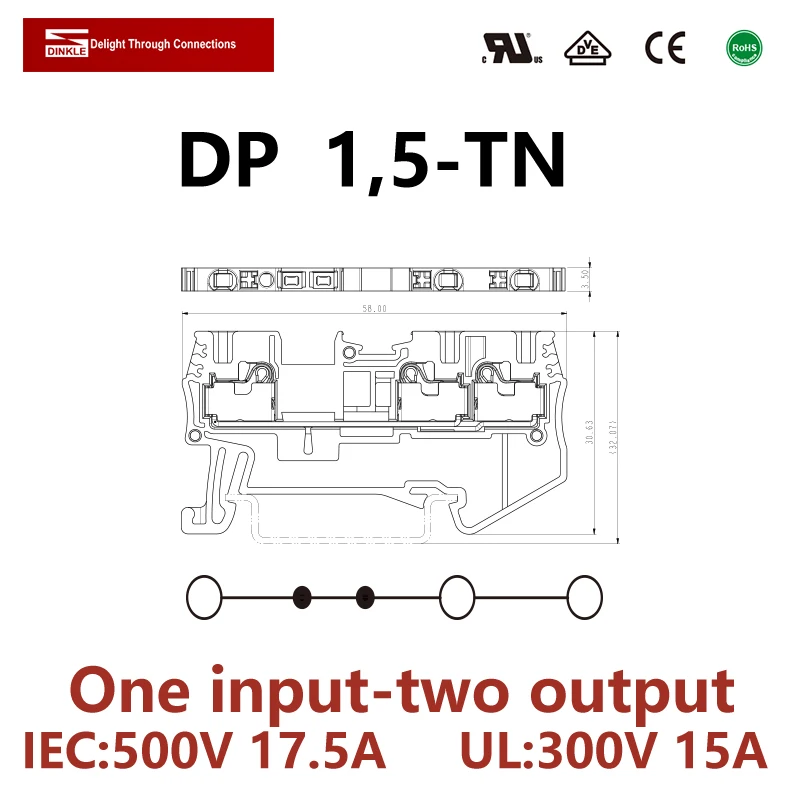 

DINKLE DP1.5-TN one in two output Spring-cage Strip Wire Connection Electrical Connector Din Rail Terminal Block Phoenix ST1.5