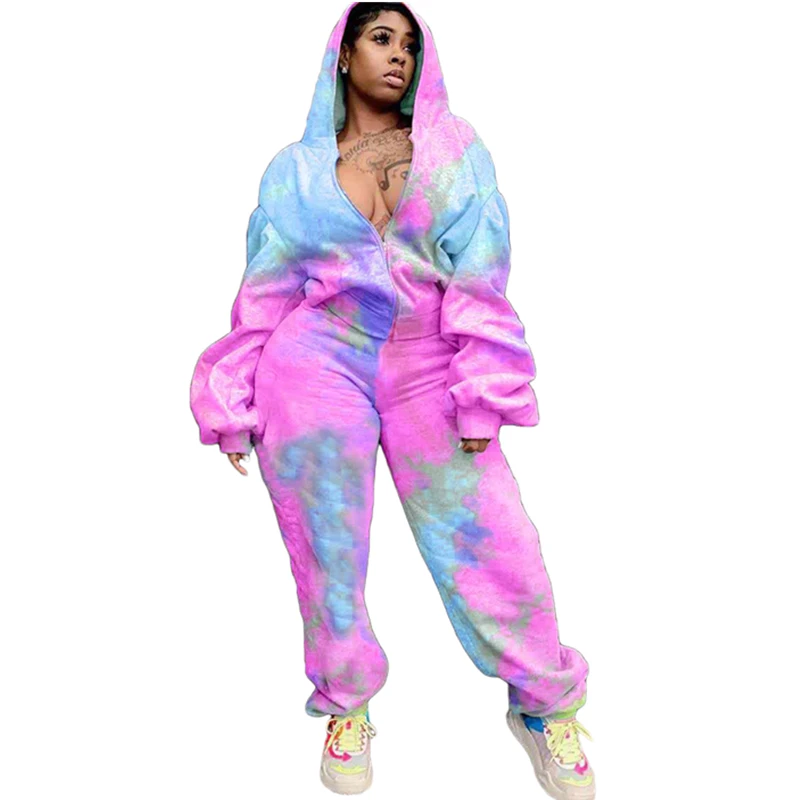 

Casual Tie-dye Printed Hooded Sports Two Piece Outfits