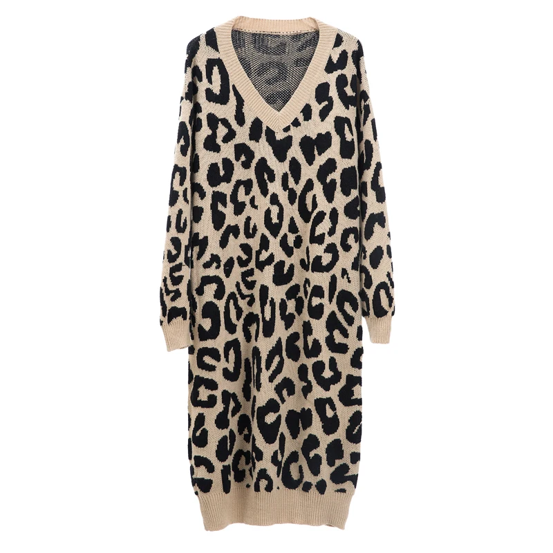 Женское платье-свитер с леопардовым принтом свободное трикотажное платье-миди