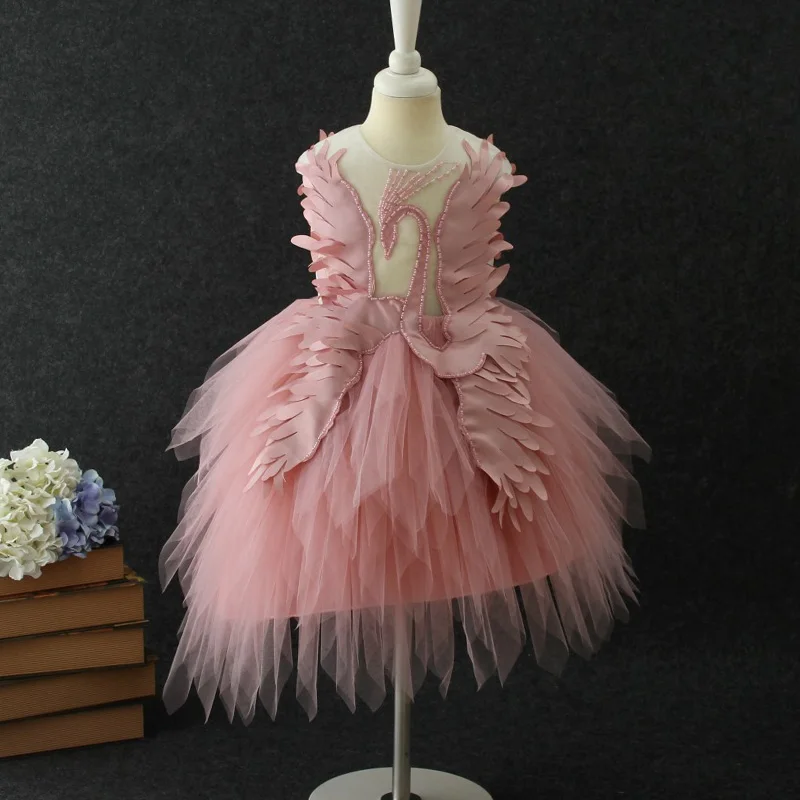 pink Новинка года; бальное праздничное платье с лебедем; трикотажное платье; костюм для свадебного представления для девочек; дизайнерское платье с лебедем; платье принцессы для дня рождения - Цвет: pink