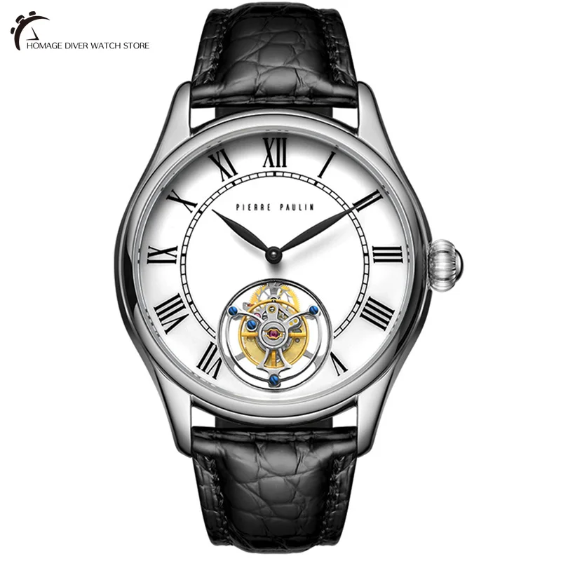 

Merkur Men's Luxury Watch White Enamel Dial Roman Numerals Sapphire Flying Tourbillon Function Hand Manual Movement Leather Band