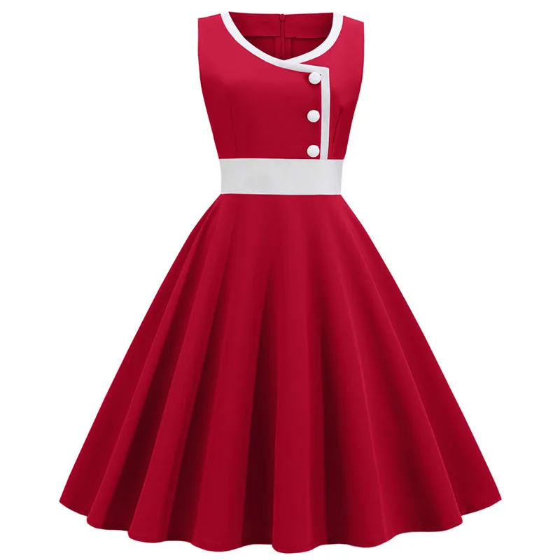 Solid Vintage Women Summer Dress Sleeveless Casual Elegant Chic O Neck A-Line Knee-Length Party Dress (art.: 3920caffe0826) - 3920caffe0826