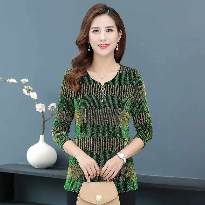 Осенне весенняя золотистая трикотажная блузка для женщин зеленый красный