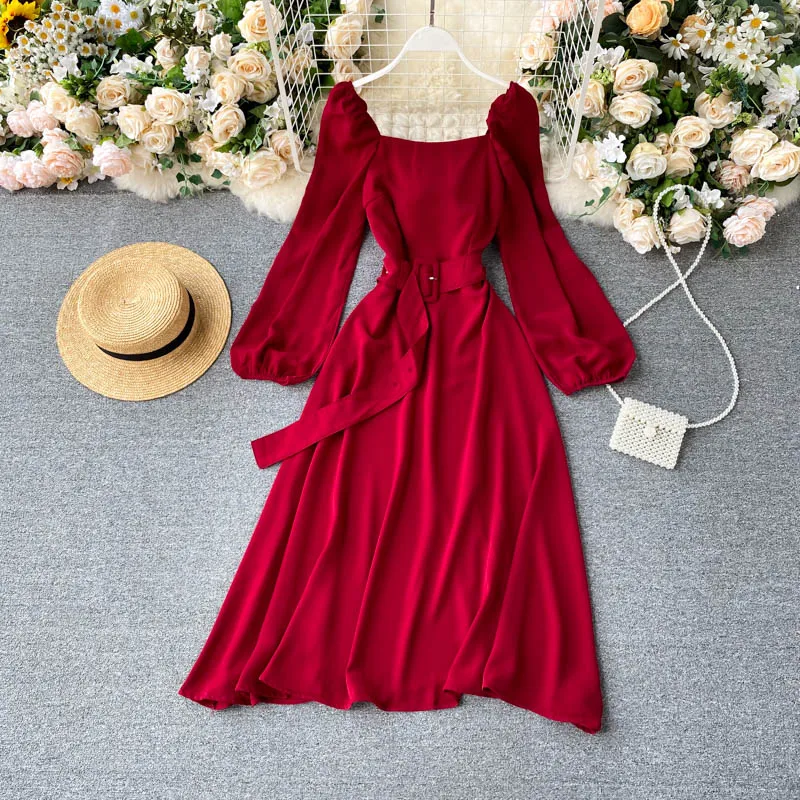 Осенние платья с длинным рукавом и поясом женские элегантные ретро миди