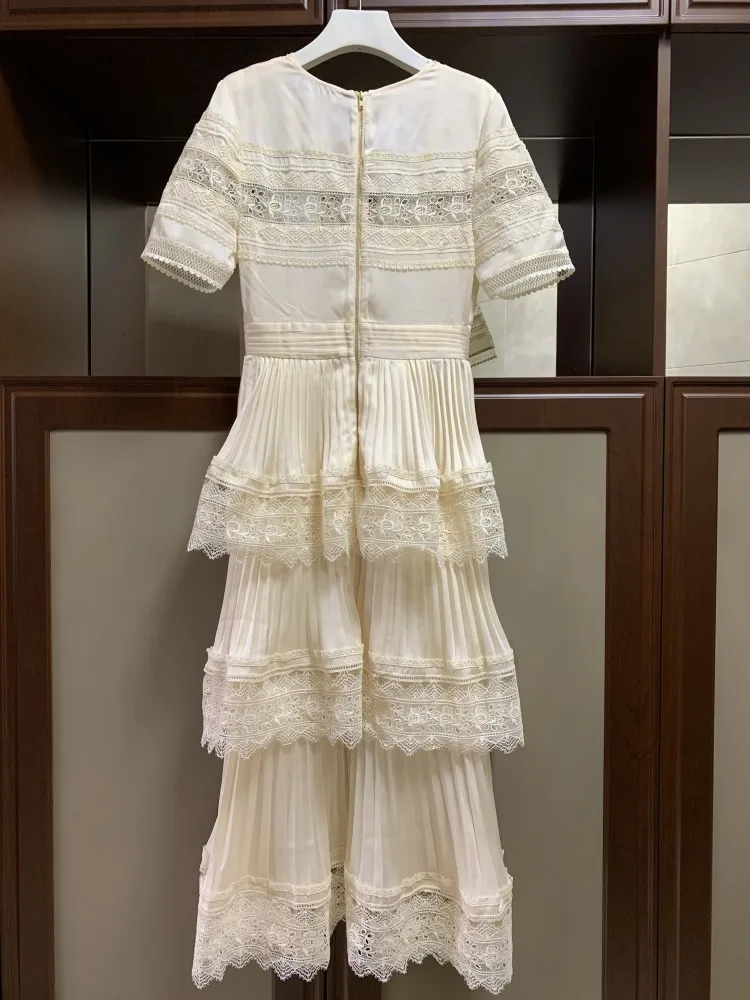 

Sexy Runway Dress Women's V NECK Lace Crochet Short Sleeve Elegant Holiday Party Cake Midi Long Dresses Vestidos Robe Femme