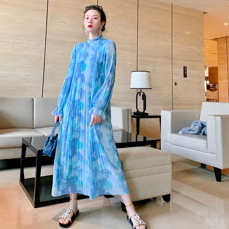 Стильное шифоновое длинное платье с принтом в виде галстука красителя женское