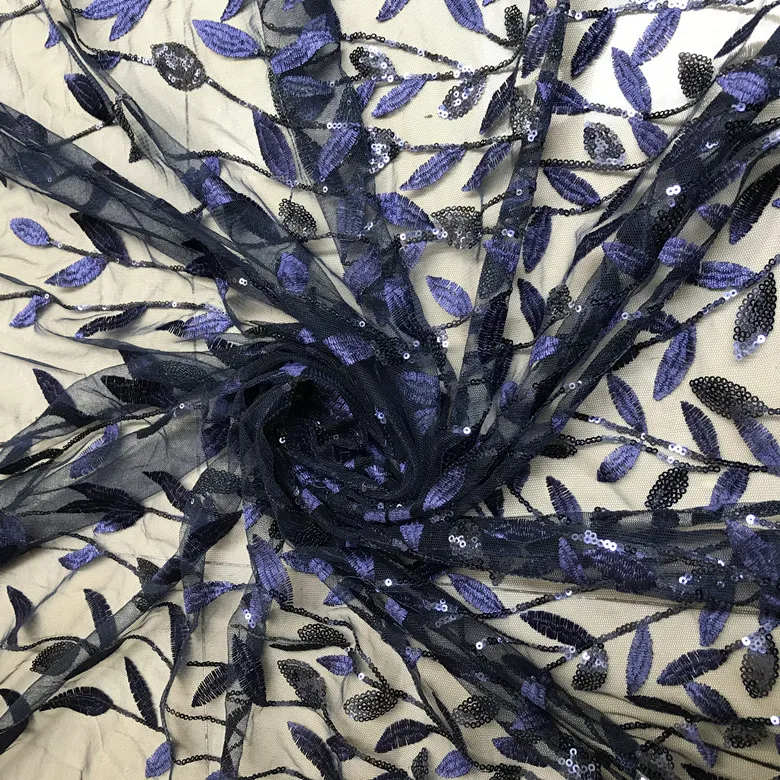 Navy Black Red Gold Leaves Sequins Embroidered Lace Fabric Wedding Dress DIY Accessories RS2364