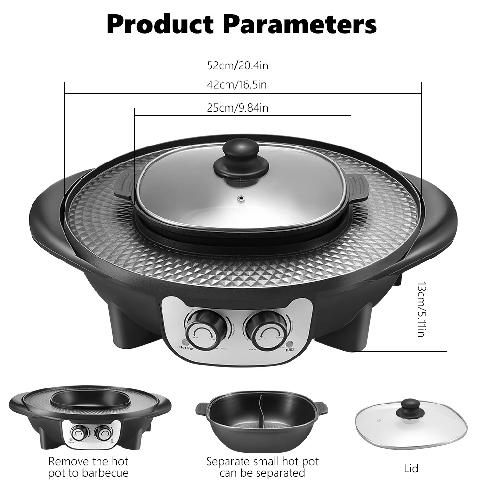 

2 In 1 Portable Electric Grill Upgraded 2200W Non-Stick Electric Hot BBQ Pot Frying Cook Grill Intelligent Temperature Control
