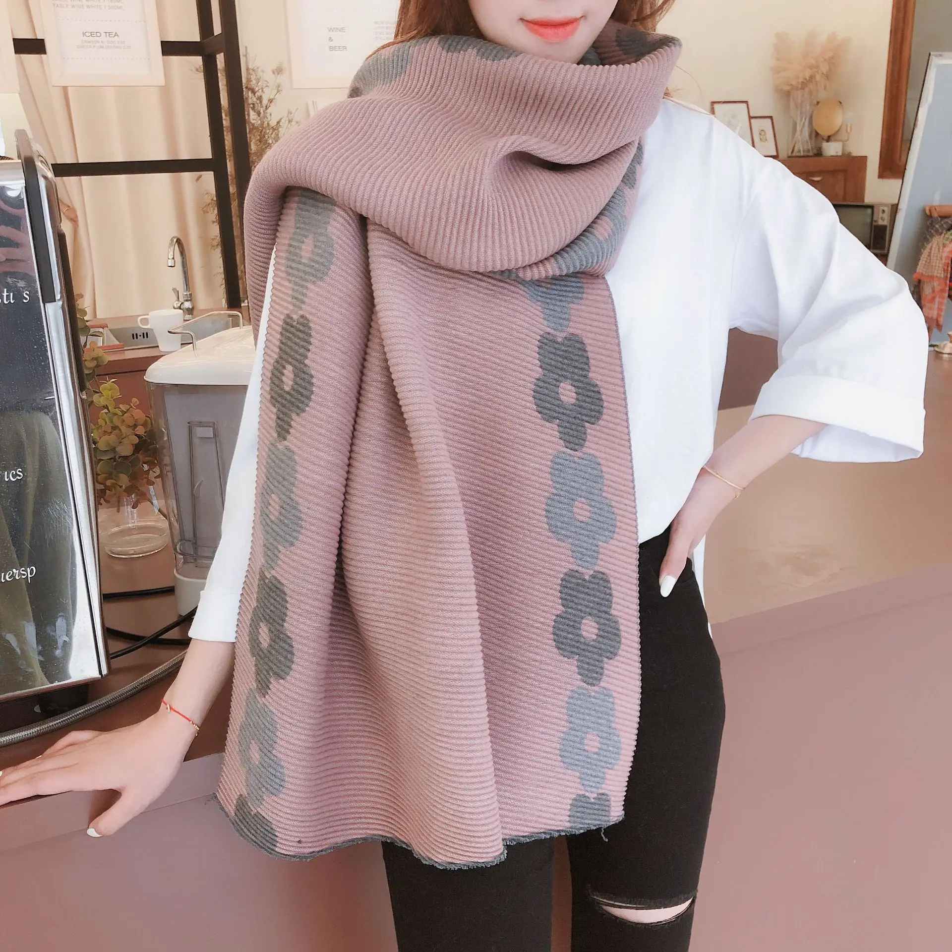 2019 зимний шарф для женщин плиссированные кашемировые шарфы с цветами теплая