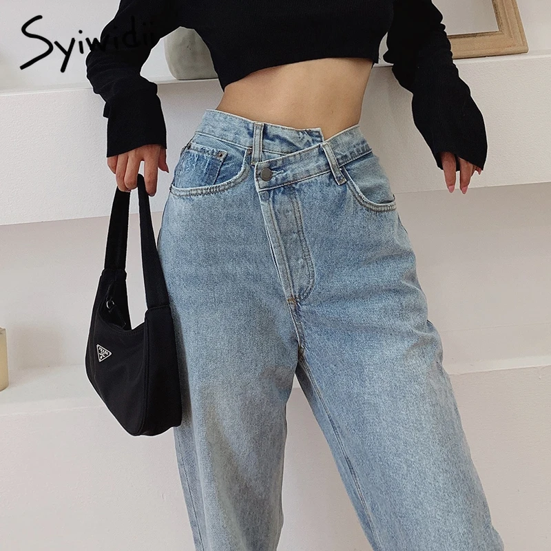 

FAKUNTN Syiwidii Irregular High Waisted Mom Jeans for Women Straight High Street Full Length Denim Pants Clothes 2021 Fashion