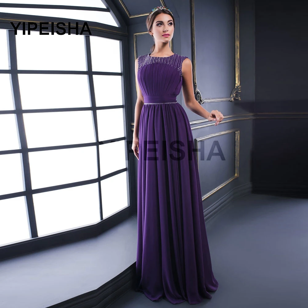 

Simple Purple Scoop Neck The Bride's Mother's Clothes Sleeveless Draped Sequined Evening Dresses robe de soirée de mariage