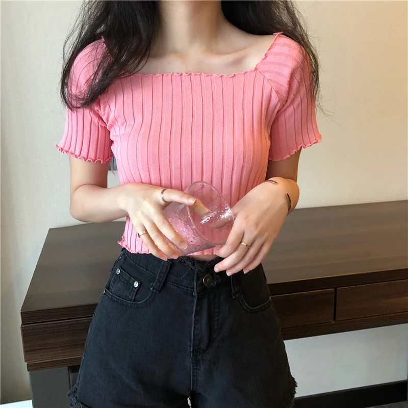 Женский укороченный топ OUMEA ребристый с коротким рукавом вырезом лодочкой и