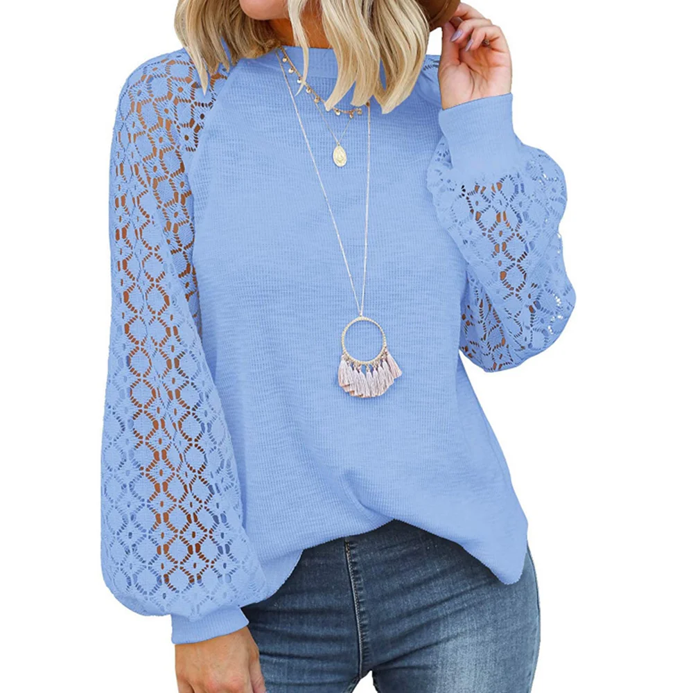 

2021 Spring Autumn Women Sexy Lace Trimmings Patchwork Hollow O-Neck Long-Sleeved T-Shirt Puff Sleeve Office Lady Blouses