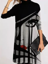 Vestido de cuello alto con estampado Vintage para mujer, prenda elegante de manga larga, holgada e informal, para Otoño e Invierno (1)