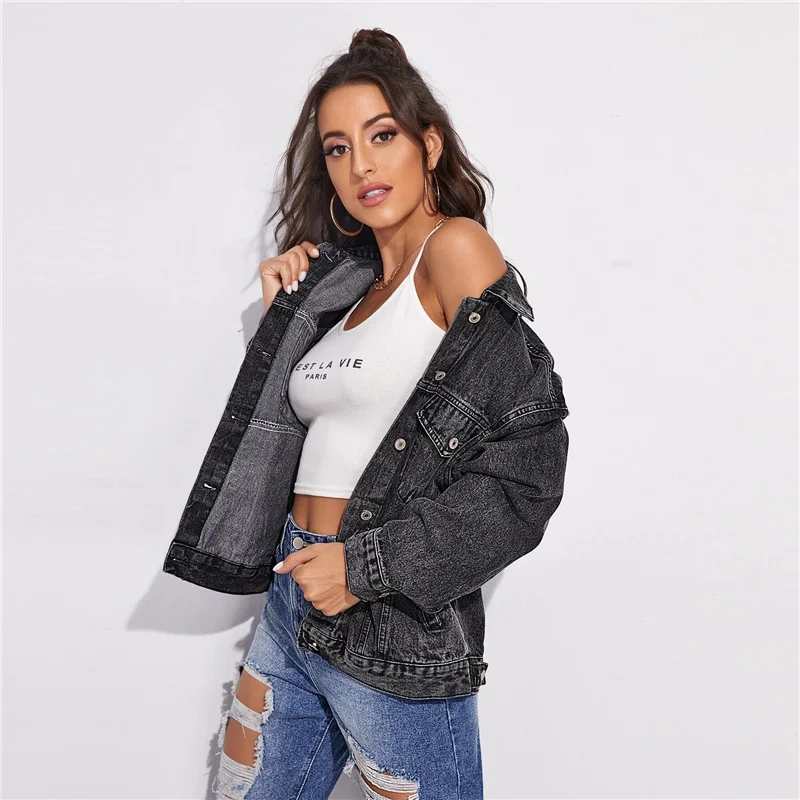 

Женская джинсовая куртка на пуговицах, Повседневная мотоциклетная однобортная куртка с отложным воротником и длинным рукавом, Осень-зима