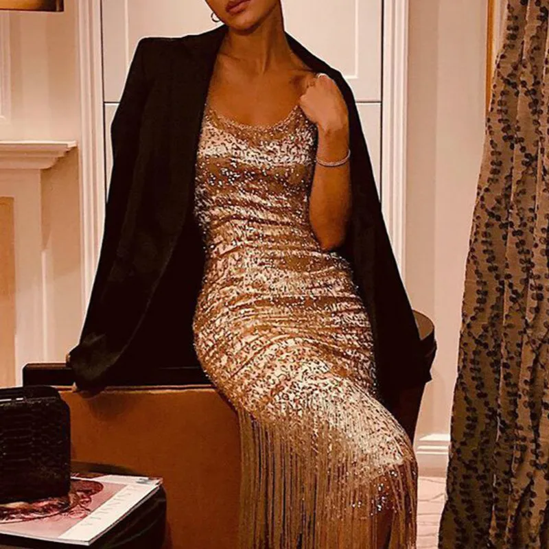 

Women Sequined Midi Club Dresses Sexy Spaghetti Strap Tassel Design Glitter Party Dress