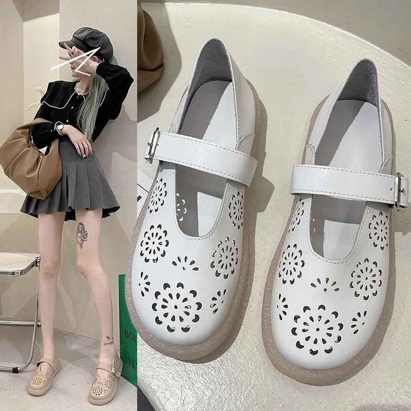 

One Word Buckle Hollow Ladies Single Shoes Spring And Summer New Style Comfortable Flat All-Match Shallow Casual Shoes