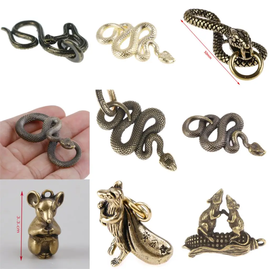 

Brass Metal Snake rat Mouse Shape Keychain Cute Keychain Pendant Brass Bag Count Money Zodiac Hanging Antique Bronze Key Gift