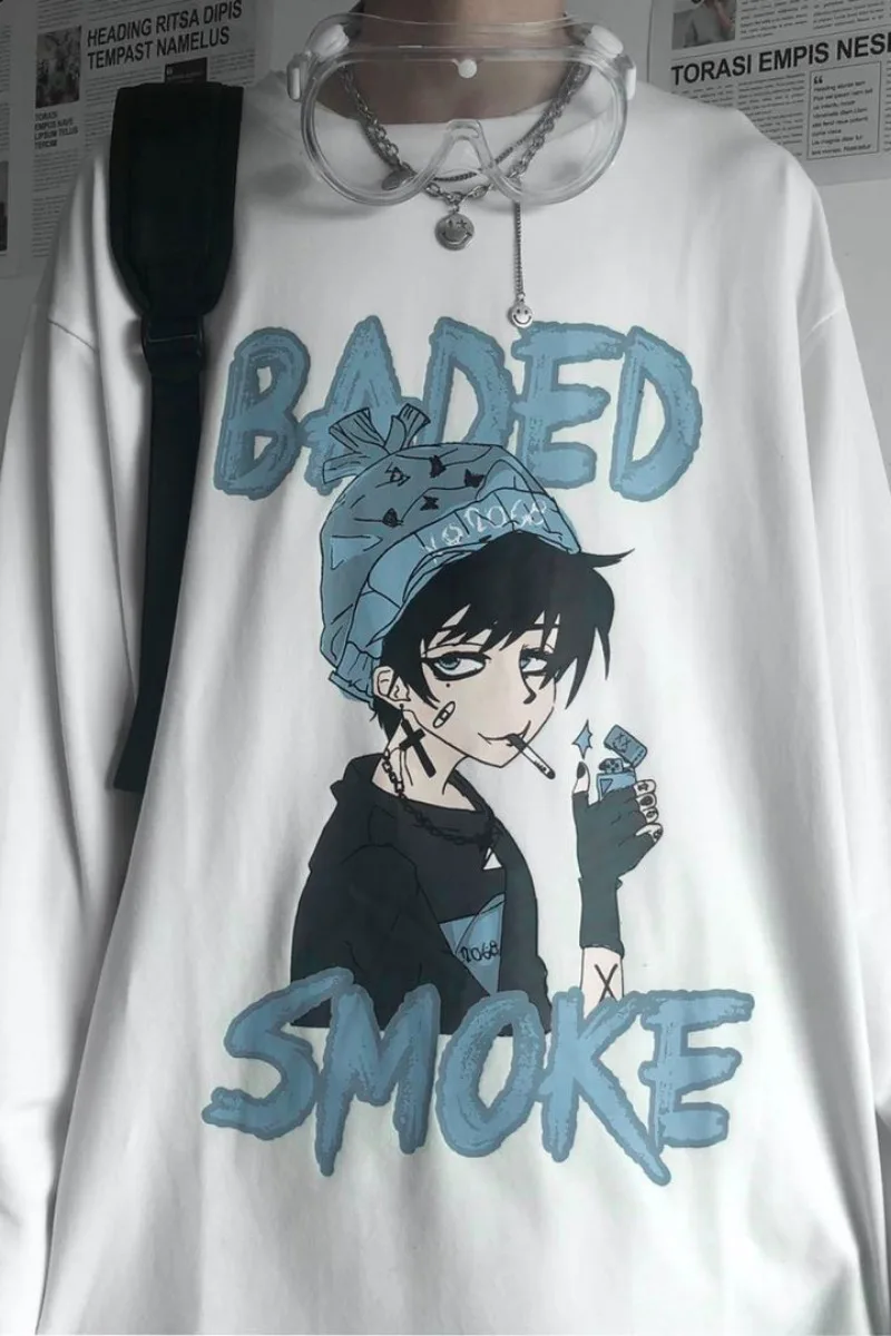 

2021 Spring Gothic Punk Couple Long Sleeve T-shirt Harajuku Cartoon Print O-neck Loose Long Student ManT-shirt For Autumn