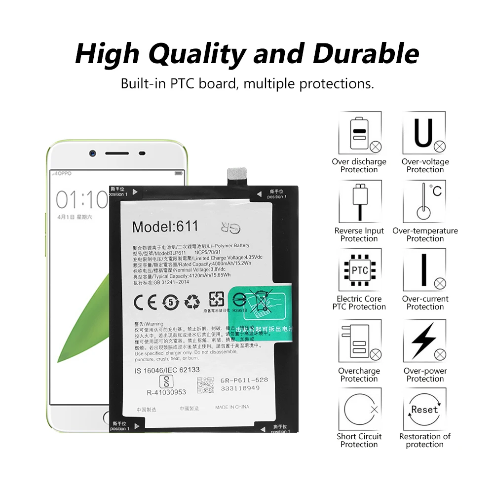 Аккумуляторная литий полимерная батарея BLP611 Lipo для телефона 4120 мАч BLP 611 OPPO R9 Plus + с