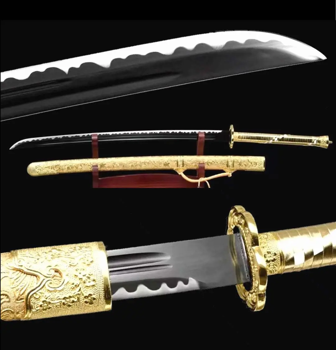 

Handmade Sturdy Golden Chinese Kung Fu Sword Sharp Manganese Steel Blade Wu Shu Saber Dao Battle Ready Full Tang