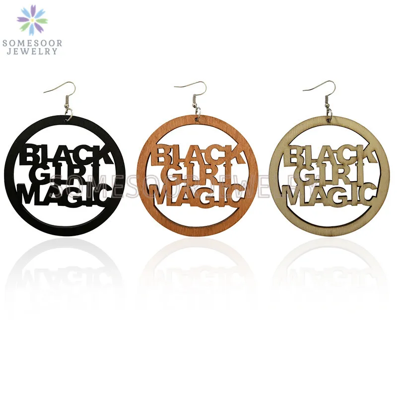 

SOMESOOR Engraving Black Girl Magic African Wooden Drop Earrings Laser Carved Hollow Words 7.5cm Big Loops Dangle For Women Gift