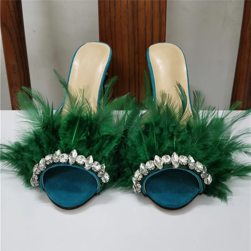 

Unique 2020 Jeweled Crystal Feather Shoes Woman Diamond Rhinestone High Heels Luxury Suede Open Toe Fashion Slippers Women