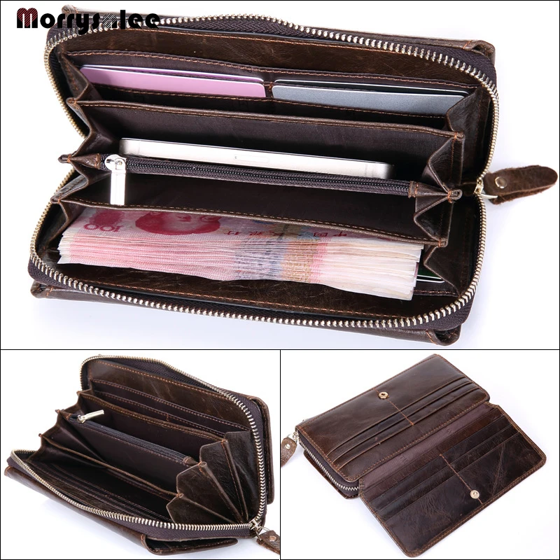 Men's Long Zip Wallet Leather Men's Bags Multi-card Mobile Phone Bag Business Clutch Multi-function The First Layer of Leather