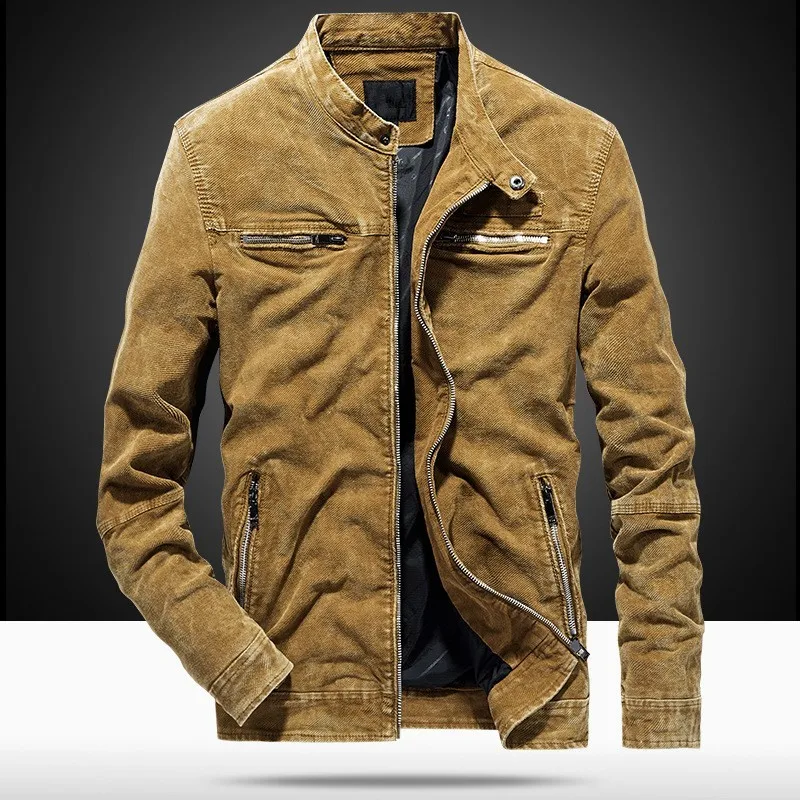 

New Fashion Cotton Men Slim Fit Denim Casual Stand Collar Long Sleeve Jacket Pocket Zipper Male Coat Plus Size M-3XL