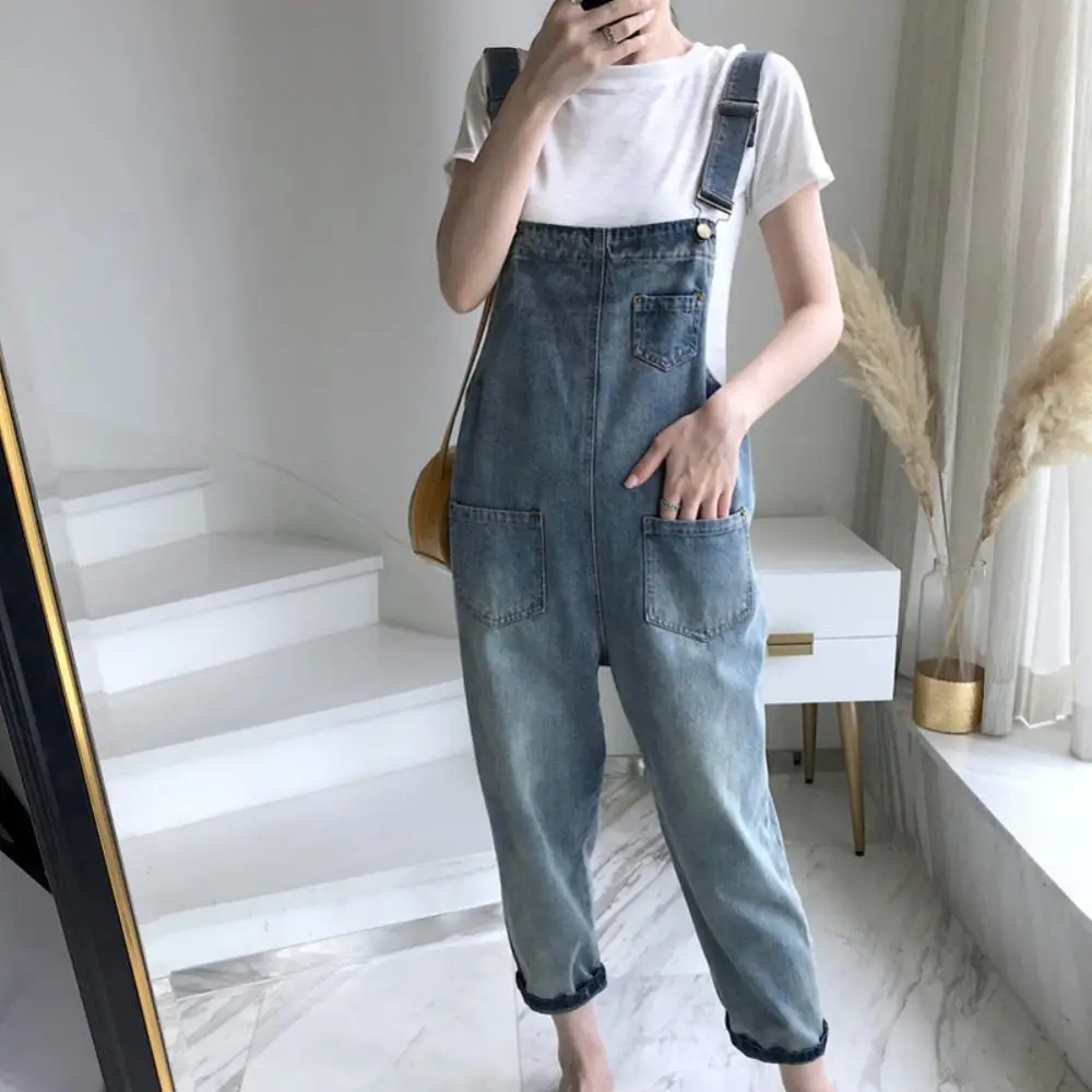 

Women Jeans Casual Pockets Loose Suspender Denim Overall Dungarees Long Pants Lady Ninth Trousers Autumn