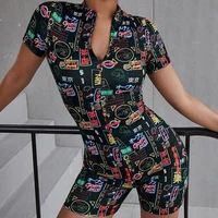 women rompers elastic fashion letter print hight cut knee length bodycon jumpsuit sexy night club party playsuit beach bodysuits