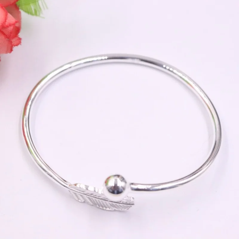 

Real 999 Pure Silver Bangle For Women Lucky Girlfriend Best Gift Leaf Smooth Ball Bangle 55-62mmDia