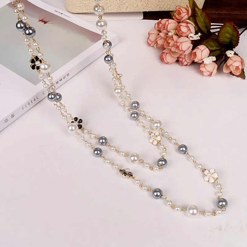 Цепочка-украшение Camellia Flowers Luxury Pearl Sweater Chain Jewelry Collier Femme Party pearl Long Necklace For Women