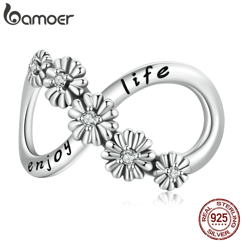 

bamoer 925 Sterling Silver Infinity Flowers Charm for Bracelet Infinite Love Bead for Women DIY Fine Jewelry Enjoy Your Life