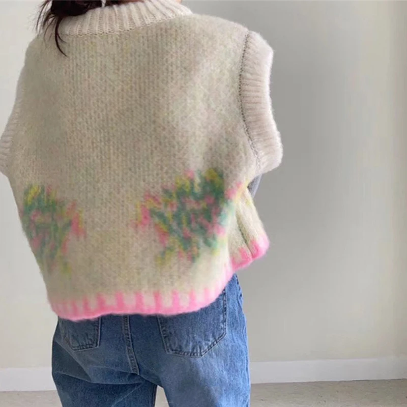 LANMREM 2022 корейский осенне-зимний вязаный жилет цветок узор контрастный цвет